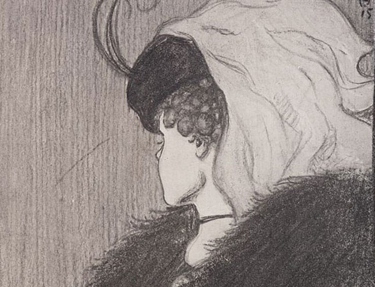 Портрет девушки, голова повернута от камеры или старуха в платке с горбатым огромным носом.