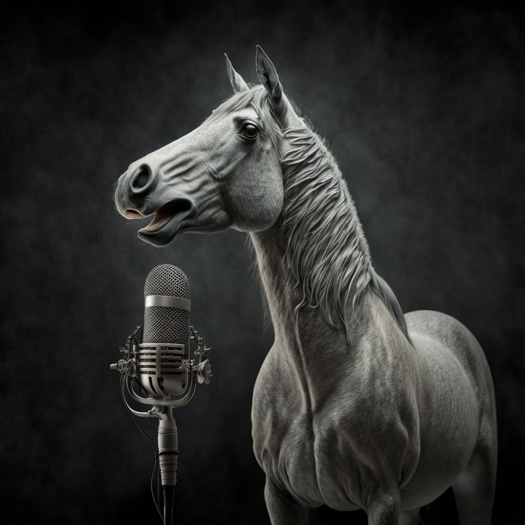 Лошадь стоит с микрофоном