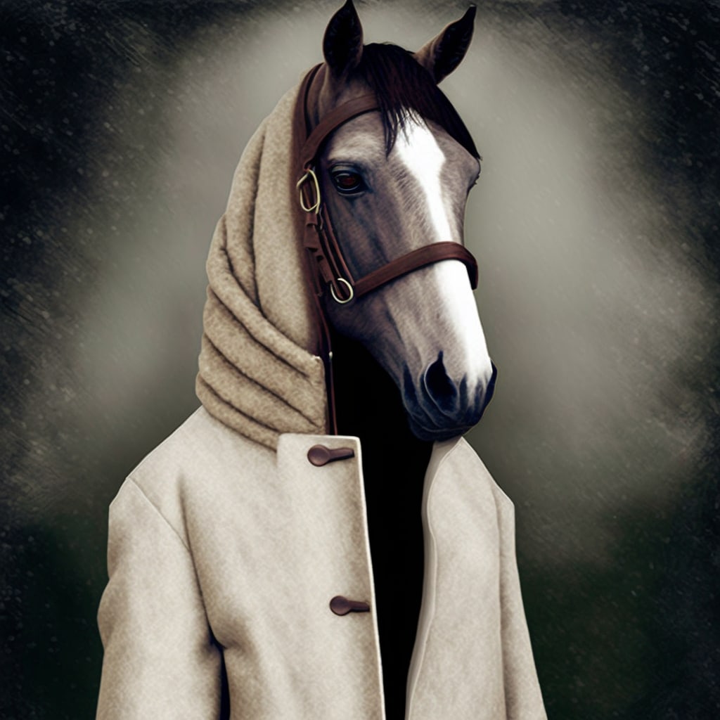 Конь стоит в пальто