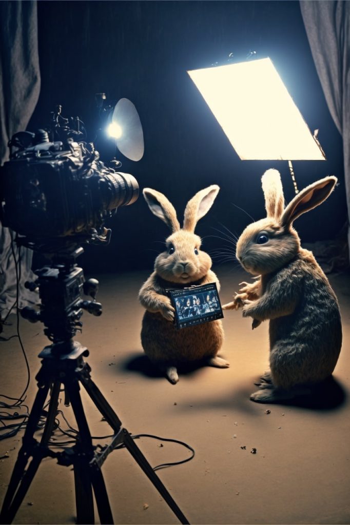 Два кролика стоят под софитом передними стоит видеокамера на треноге