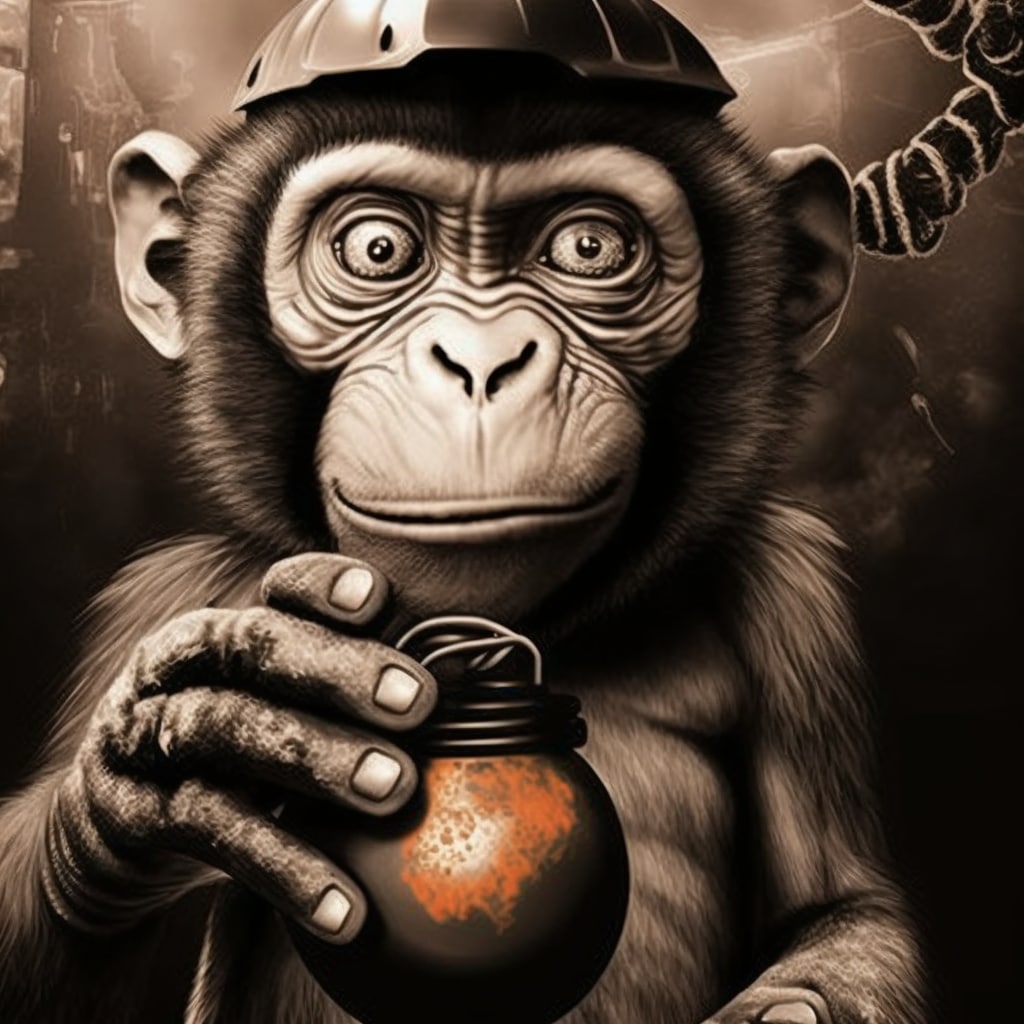 обезьяна держит в правой руке гранату