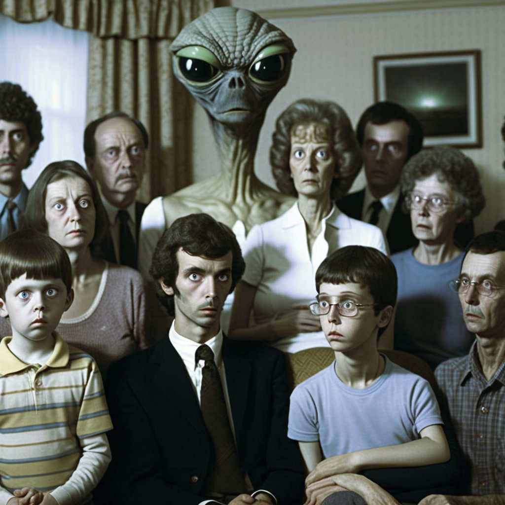 Семья стоит в комнате, а центре инопланетянин