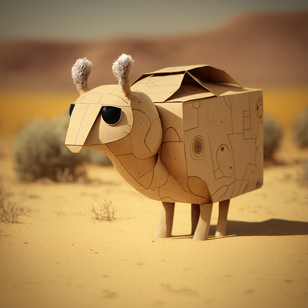 Какое-то не понятное существо из картона стоит в пустыне