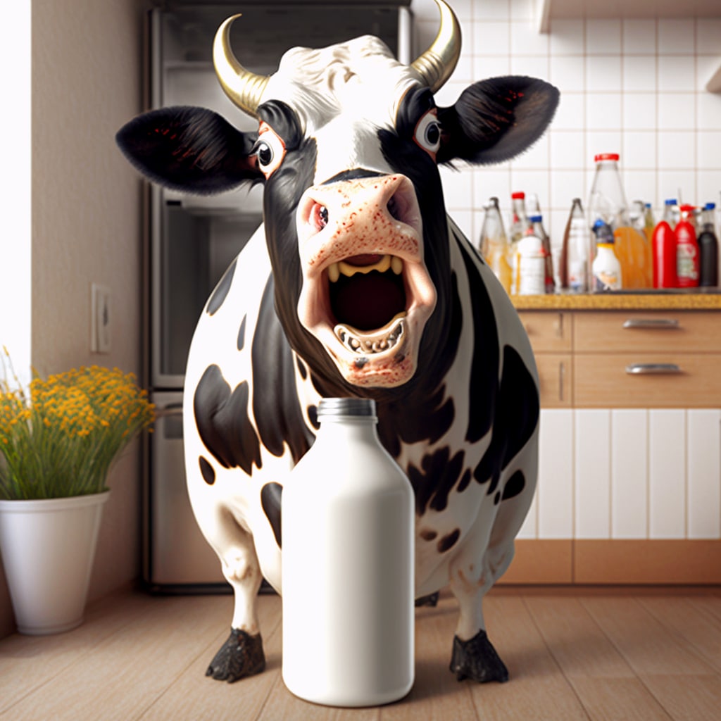 Корова стоит с открытым ртом на кухне, перед ней стоит бутылка молока