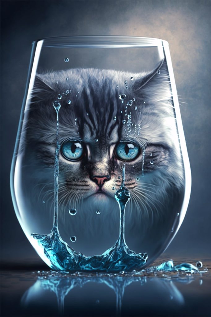 голова кота в стакане, из глаз капают слезы