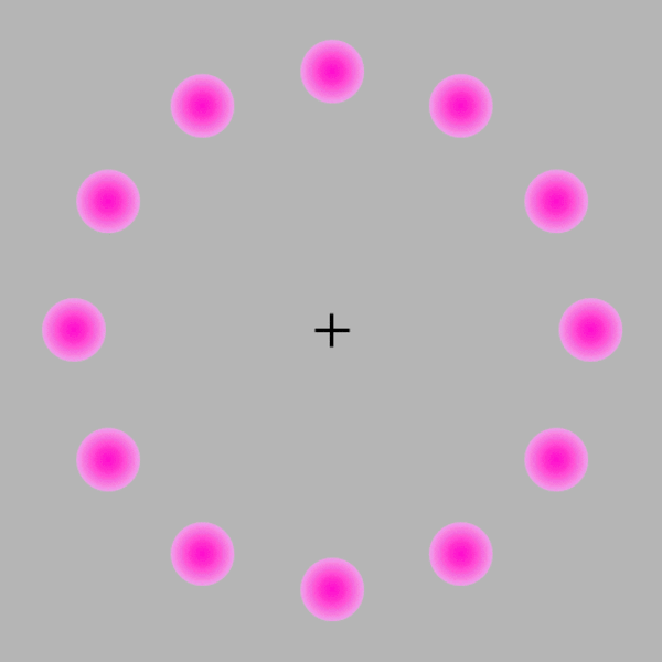 Розовые точки расположенные по кругу на сером фоне. Одна точка исчезает по кругу. В центер черный крест. Иллюзия.