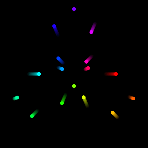 Разноцветные точки двигаются от края к центру, создавая иллюзию вращения и изменения цвета.