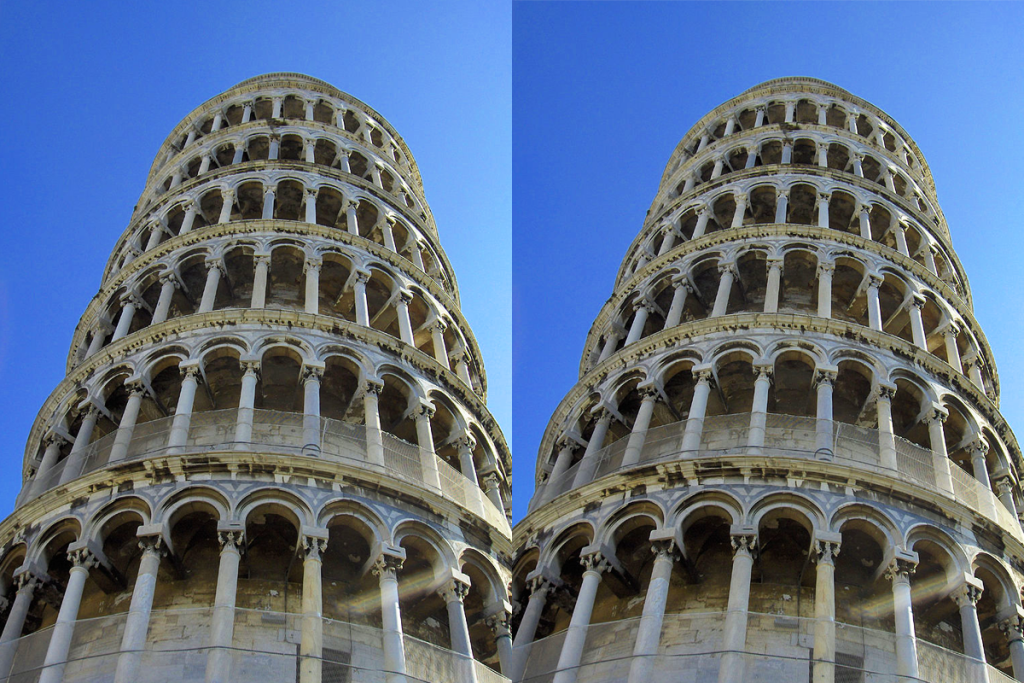 Два абсолютно одинаковых снимка Пизанской башни, но кажется, что угол их наклона разный.