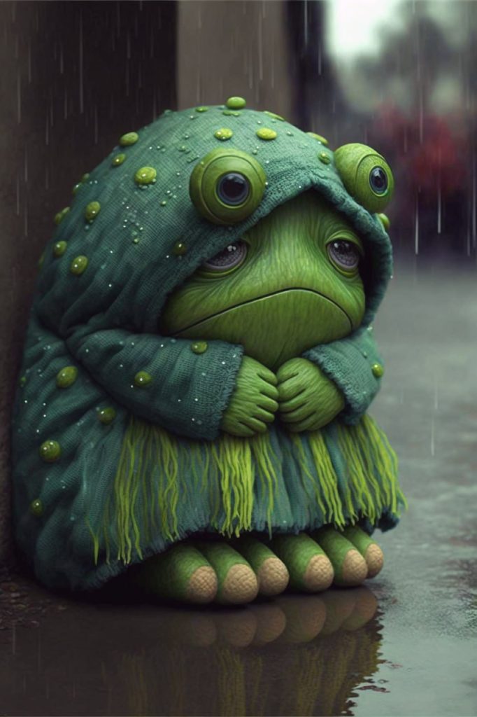 Грустная зеленая жаба сидит в плаще на мокром асфальте
