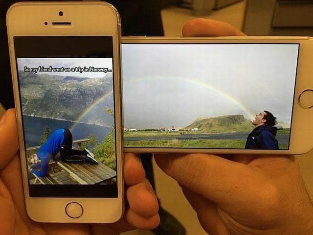 Показалось: На одном iPhone фото девушки выпускающая радугу из задницы,на другом телефона парень глотает радугу ртом.